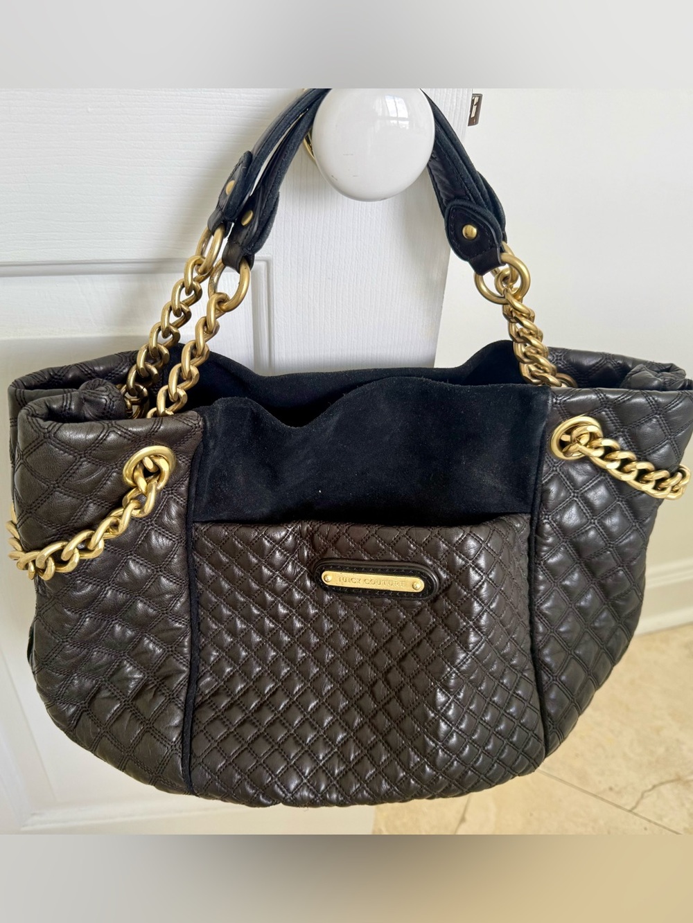 Juicy Couture Vintage Black Quilted Leather Shoulder Tote with Gold Chain